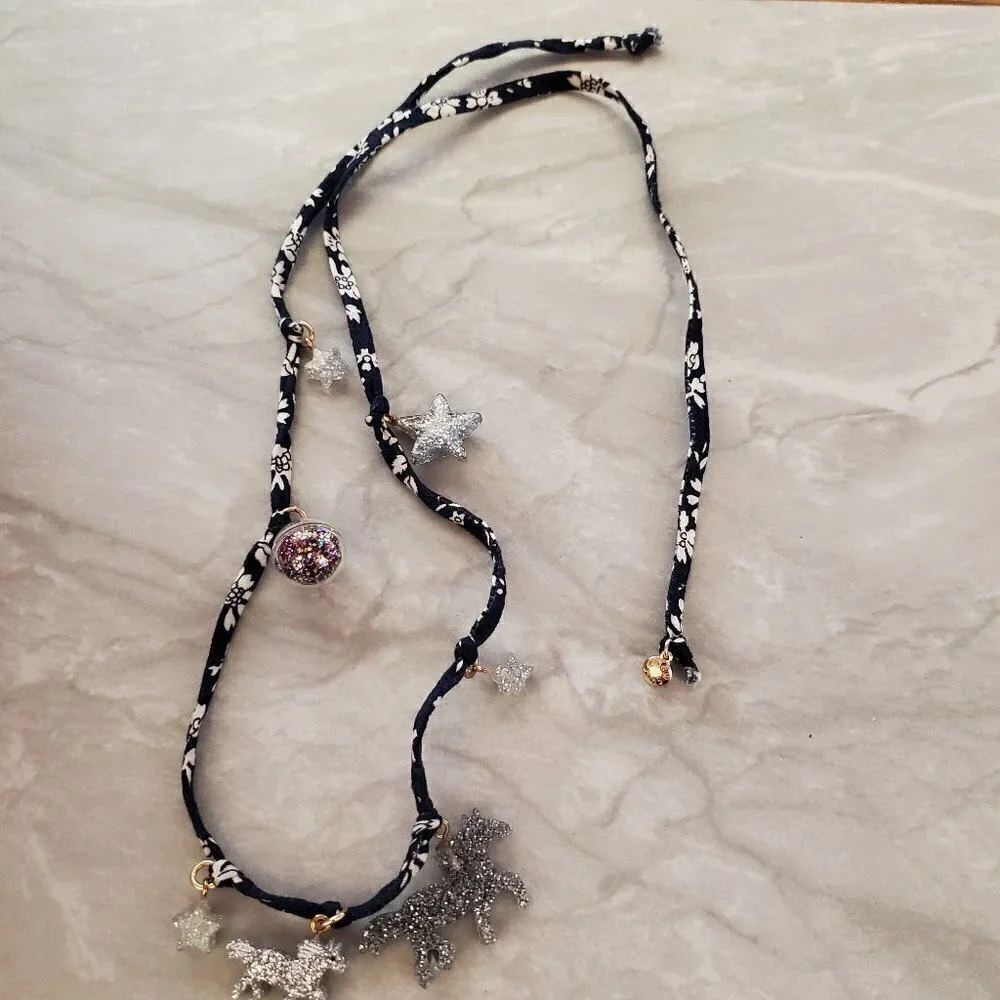 🦄 J.Crew Cuts Silver Glitter Unicorn Chamrs Stars Ball Fabric Tie Necklace 🦄